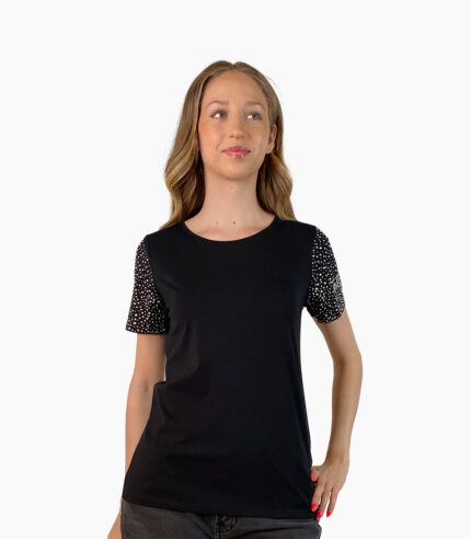 Camiseta negra con strass en las mangas - Karl Lagerfeld