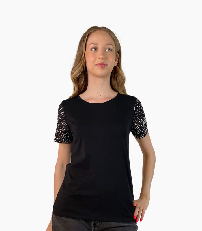 Camiseta negra con strass en las mangas - Karl Lagerfeld