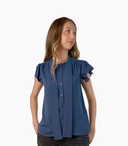 Blusa azul cuello alto con lazada - Calvin Klein