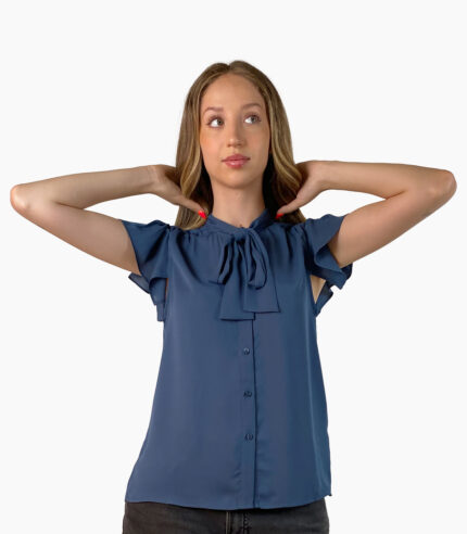 Blusa azul cuello alto con lazada - Calvin Klein